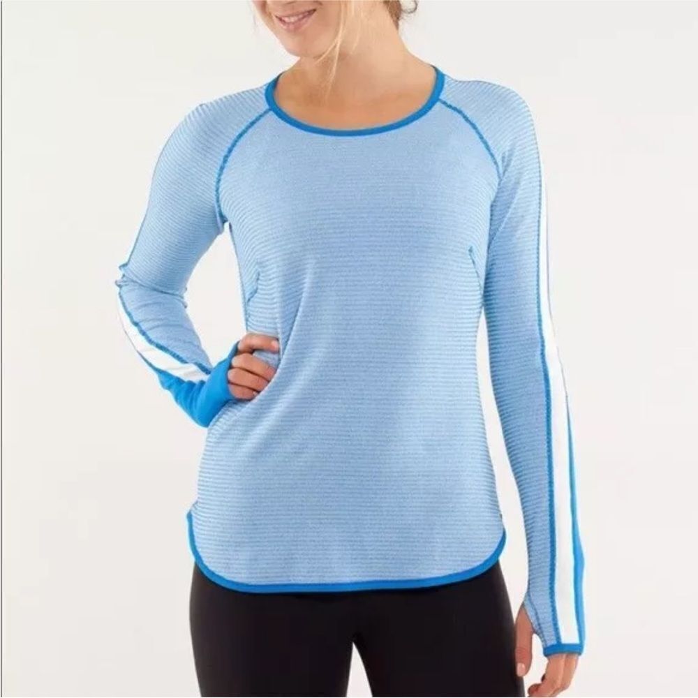 LULULEMON Runder Under Long Sleeve Mini Check Pique Reversible Shirt Blue Cream